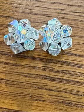 Vintage Crystal Cluster Clip-On Earrings in Iridescent Clear